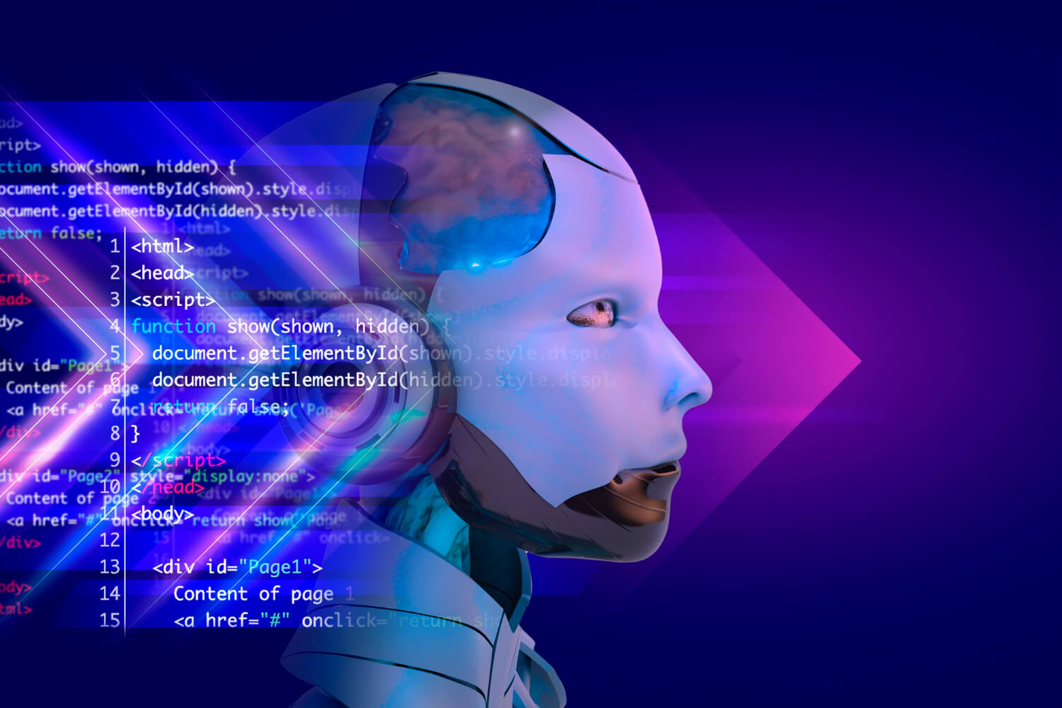 Perfil de un humanoide robótico con líneas de código JavaScript y HTML superpuestas, representando la integración de la inteligencia artificial en la programación web.